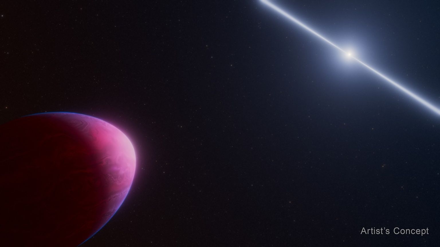 This artist’s concept shows what the exoplanet called PSR J2322-2650b (left) may look like as it orbits a rapidly spinning neutron star called a pulsar (right). Gravitational forces from the much heavier pulsar are pulling the Jupiter-mass world into a bizarre lemon shape. Illustration: NASA, ESA, CSA, Ralf Crawford (STScI)
